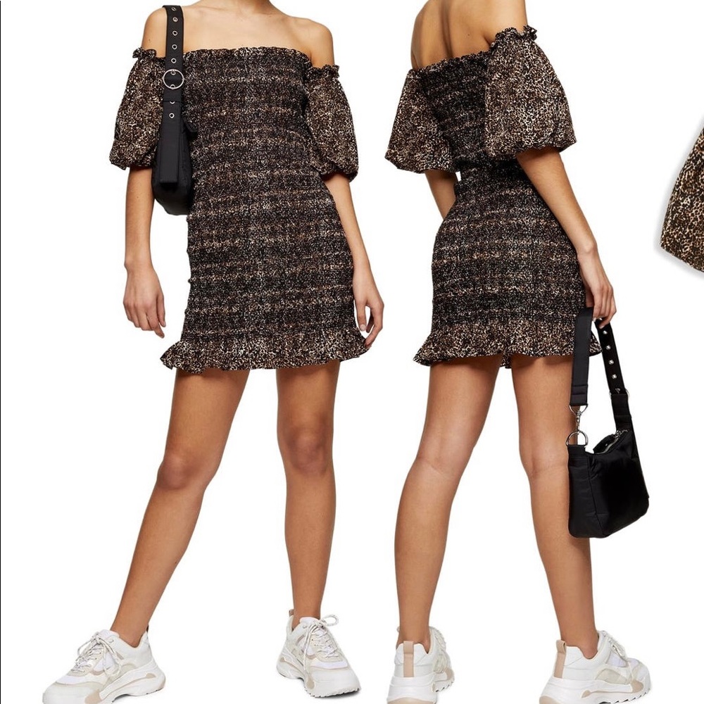 Topshop leopard print off the shoulder mini dress